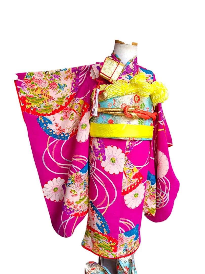 専用です☆アンティークマゼンダピンクの着物とブルーの作り帯☆七五三3歳