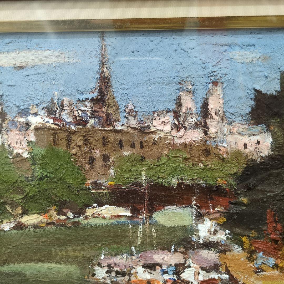 おすすめの油絵です。友成春雄の「セーヌ川畔」F3の風景を描いた油彩画です