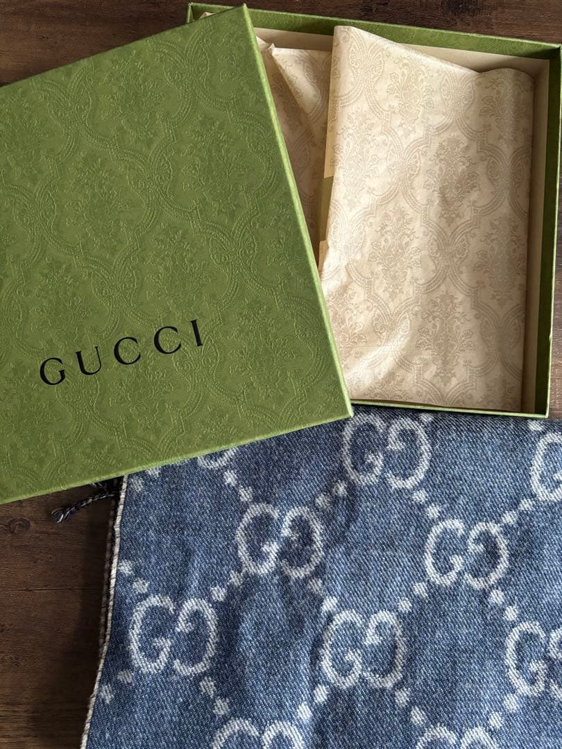 GUCCI GGロゴ デニムブルー リバーシブル マフラー