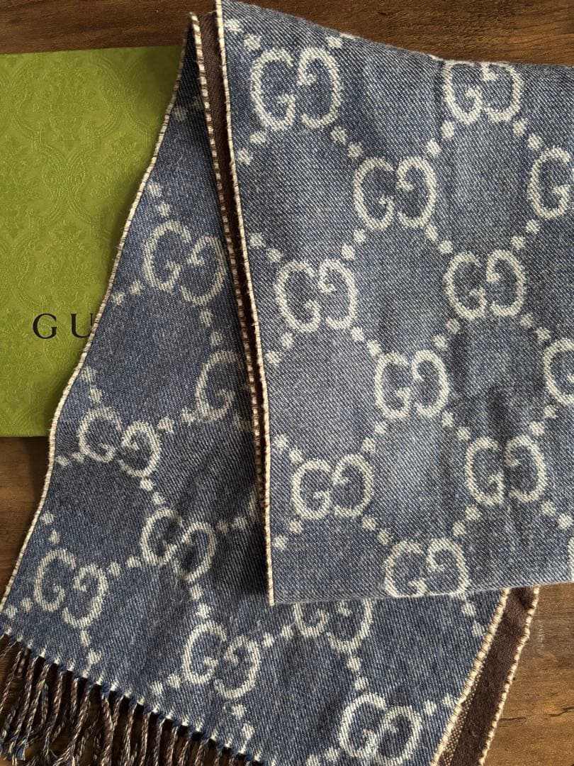 GUCCI GGロゴ デニムブルー リバーシブル マフラー