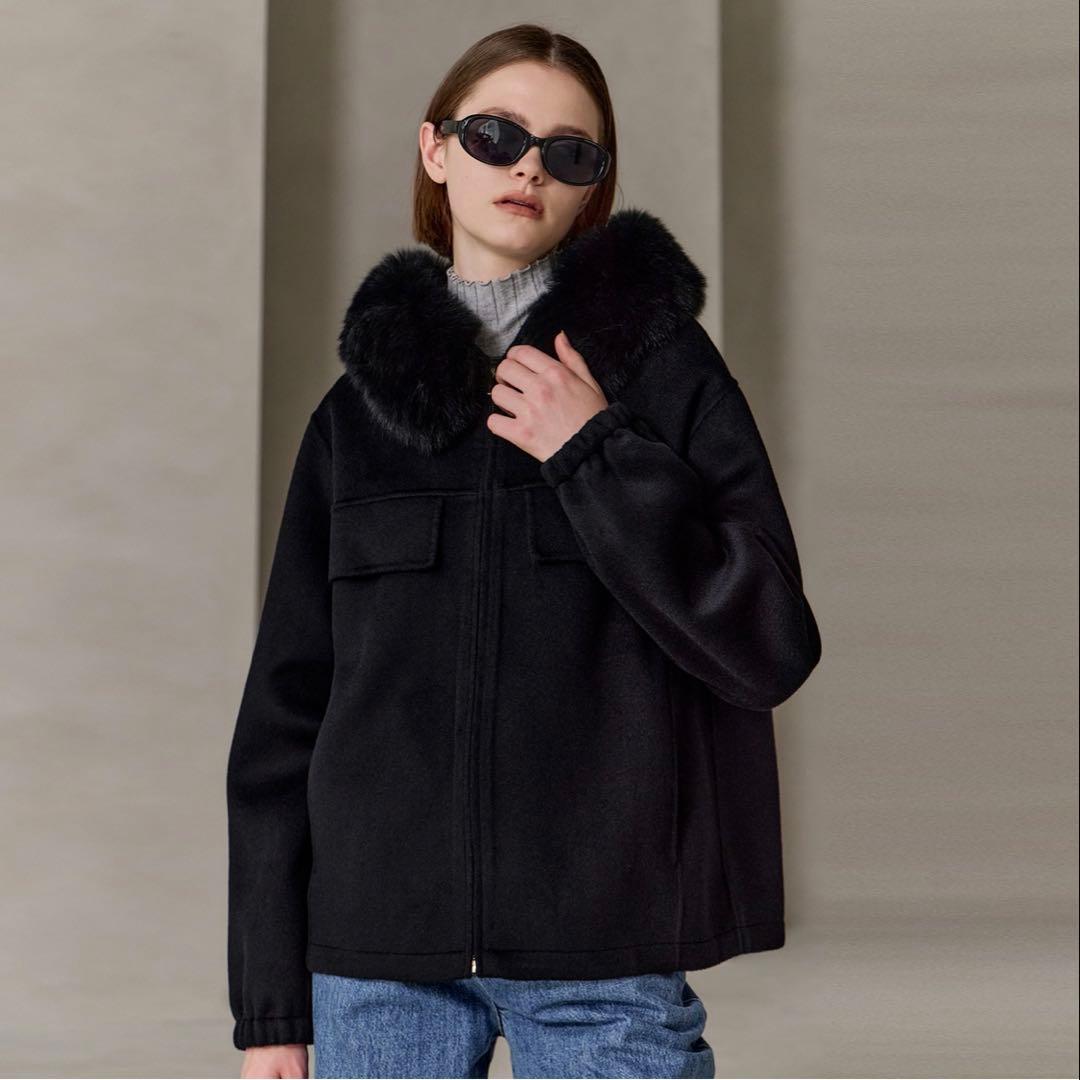 YONFA ウールカシミヤフードコート (black)