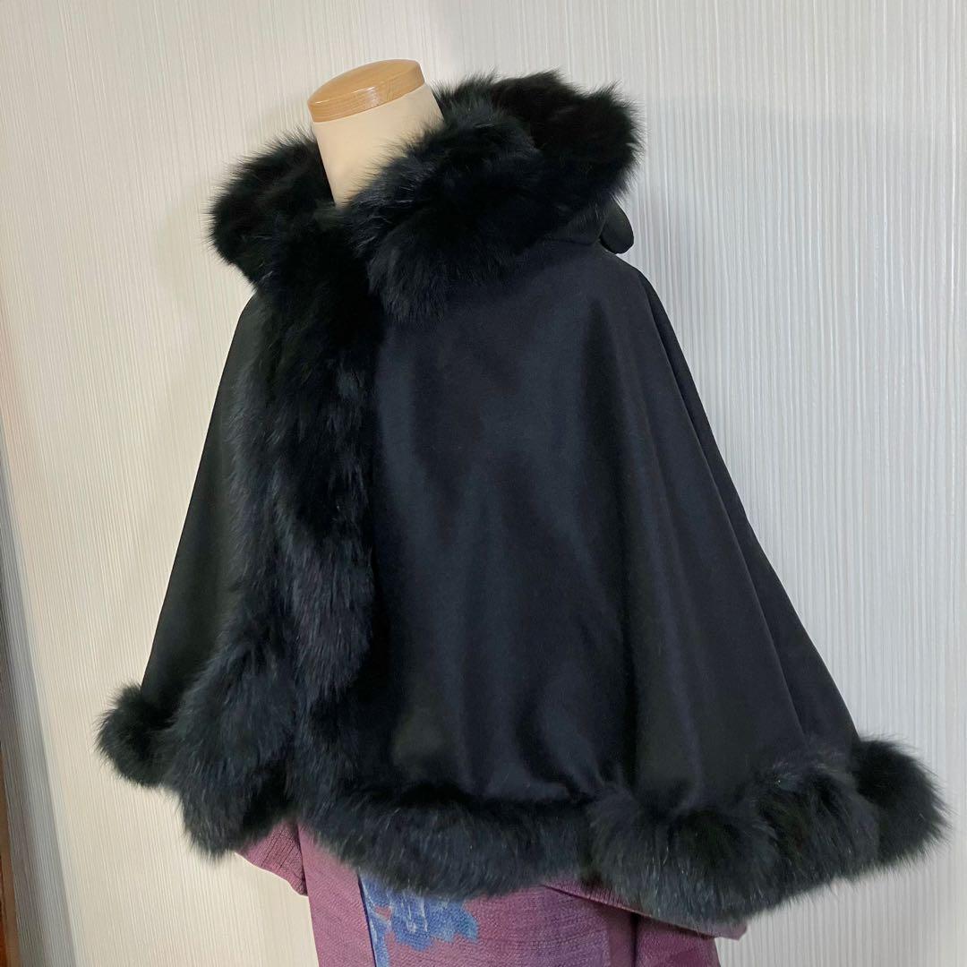 c*p様 sansoケープポンチョ/カシミヤ毛皮ブルーフォックス2wayフード和