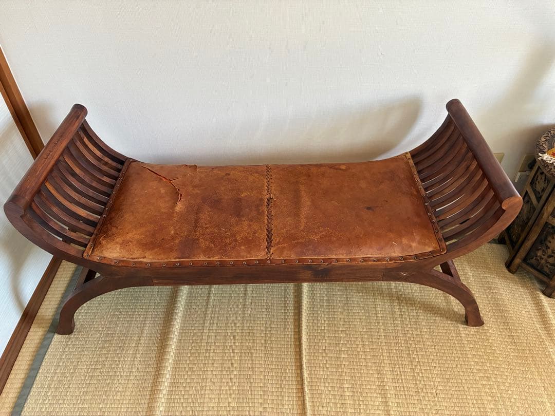 木製レザー 座面スラットデザインベンチ