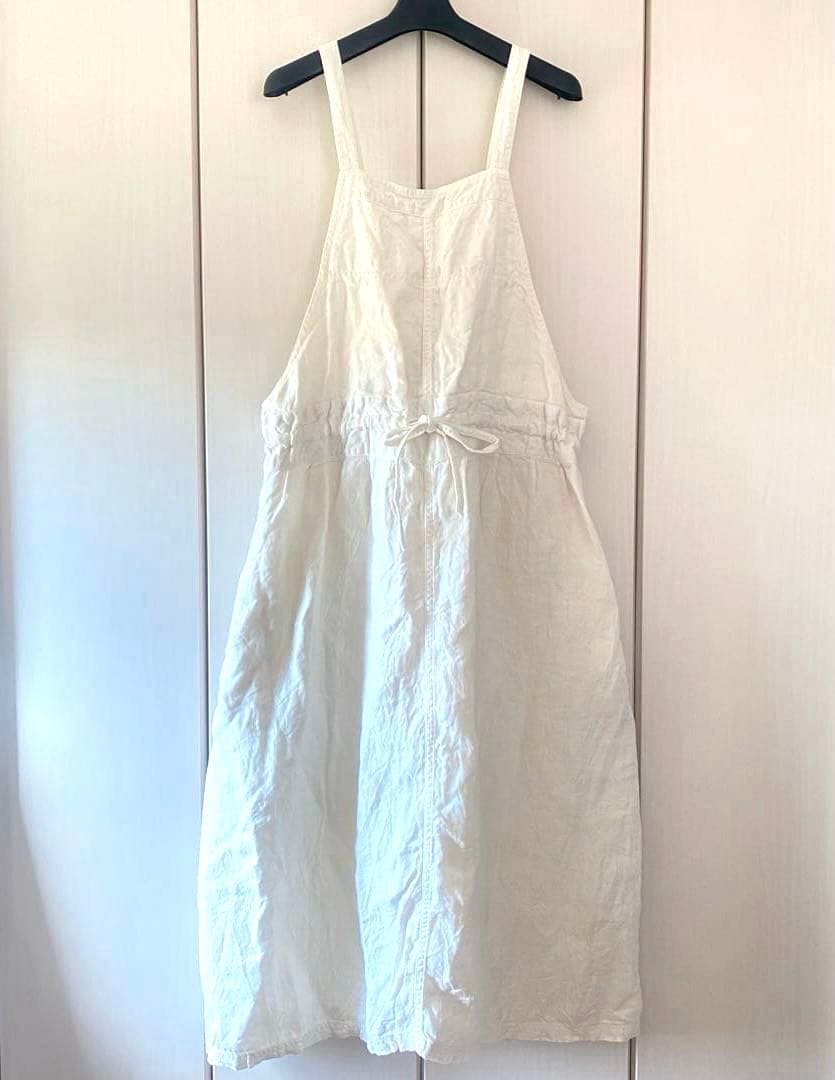 ARMEN アーメン　リネンへリンボーンエプロンワンピース　オフホワイト　麻