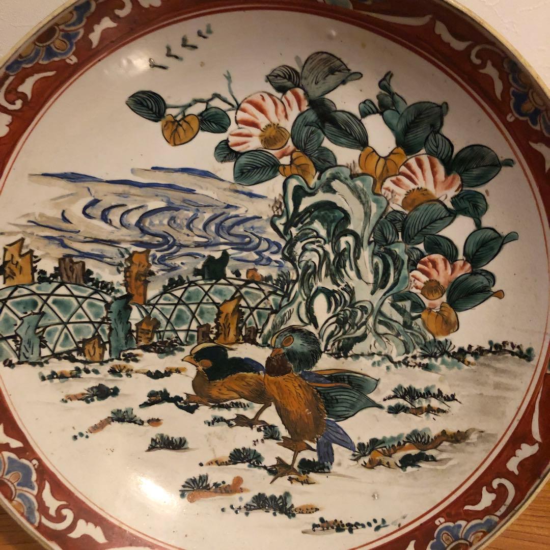 古い九谷焼の色絵大皿約37cm皿立て付き