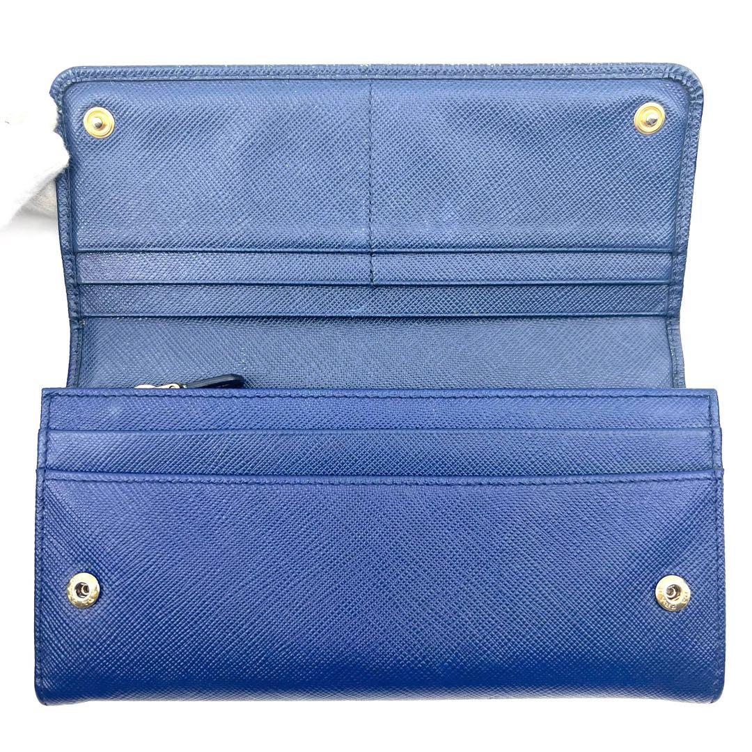 PRADA　サフィアーノレザー　青系　ゴールド　長財布　メタルロゴ　二つ折り