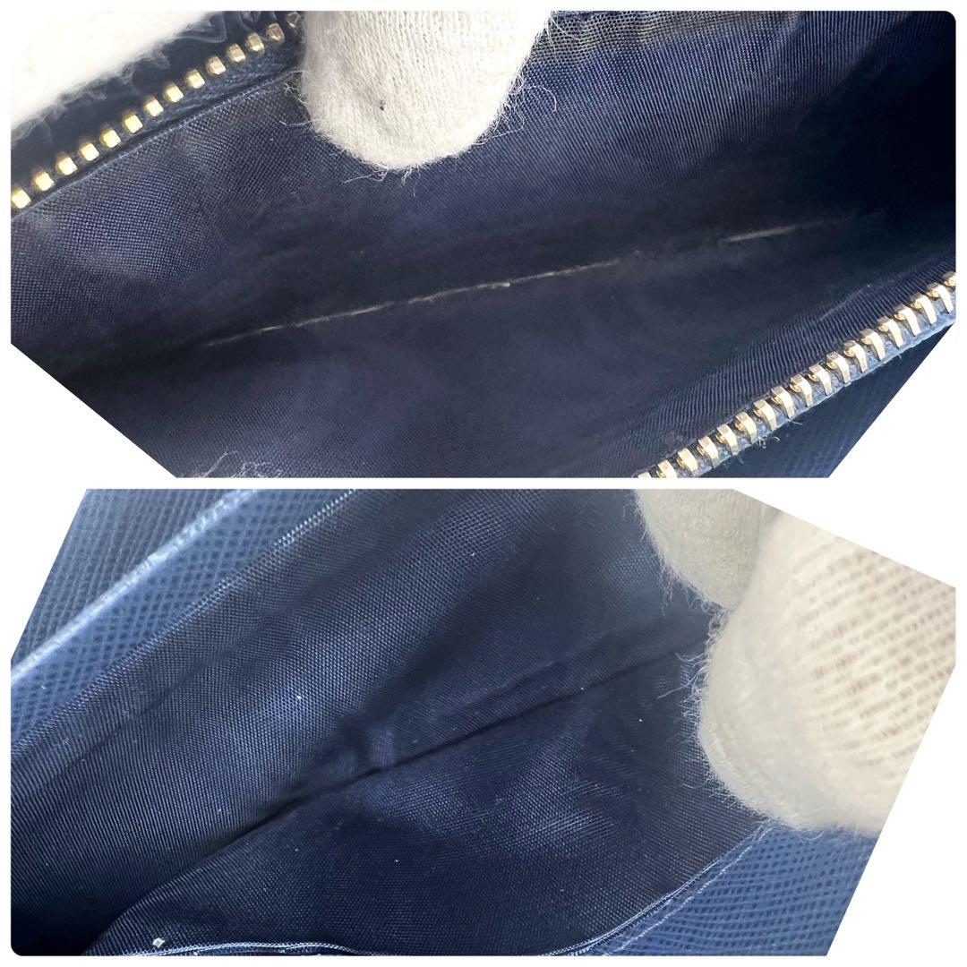 PRADA　サフィアーノレザー　青系　ゴールド　長財布　メタルロゴ　二つ折り