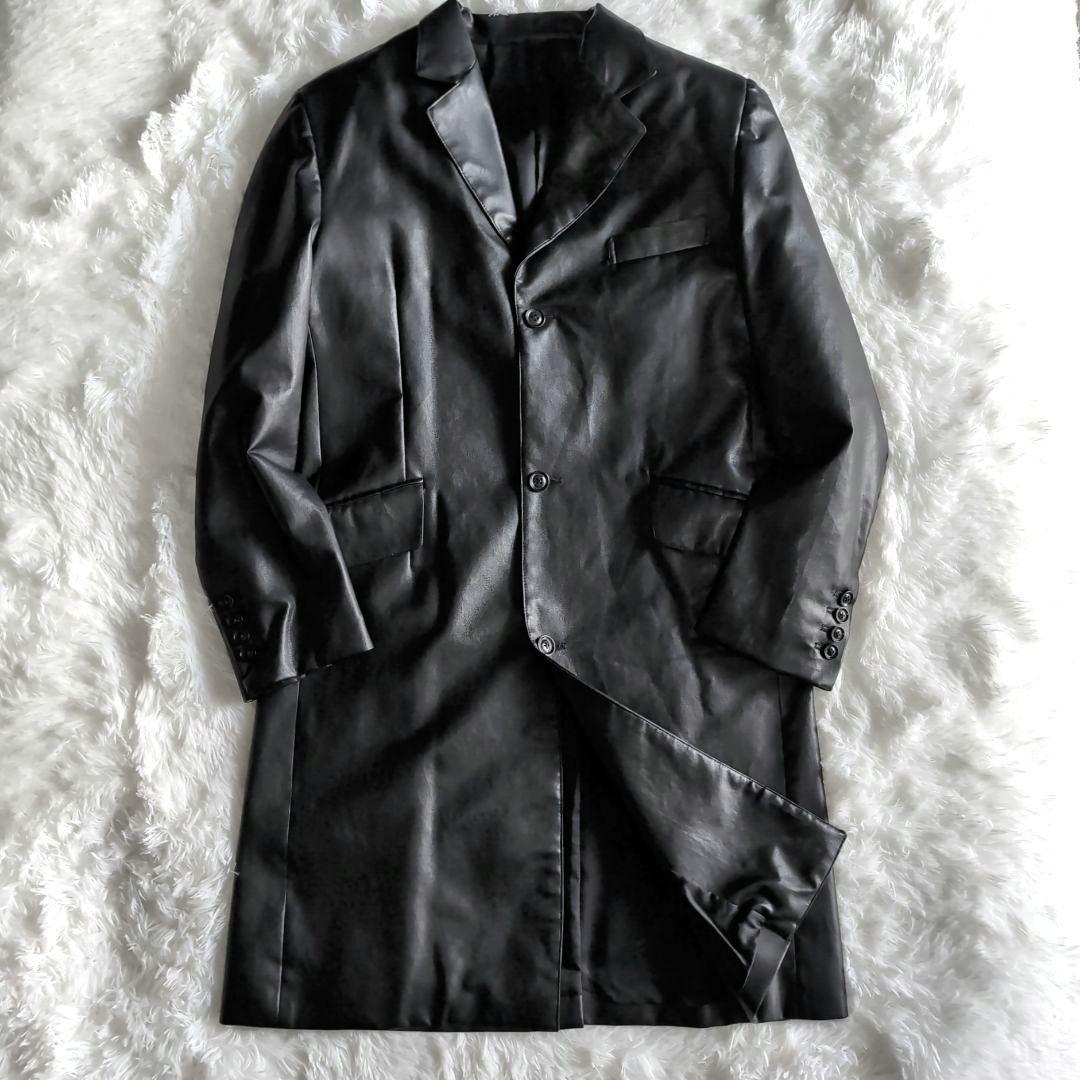 美品 5351プールオム フェイクレザー チェスターコート サイズ2 ブラック