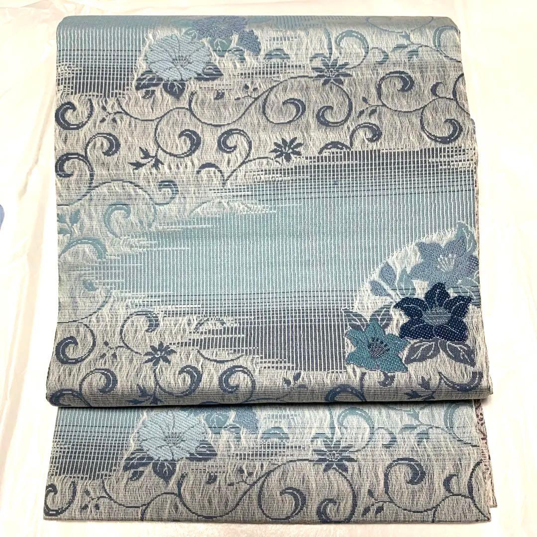 正絹　袋帯　リバーシブル　鉄線　花柄