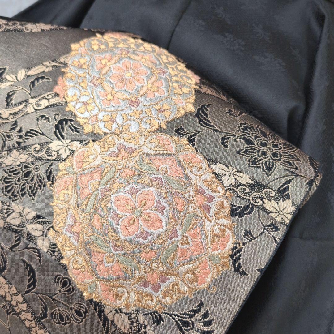 訪問着　フルセット　着物　正絹　黒　トールサイズ　花　金彩加工　B1