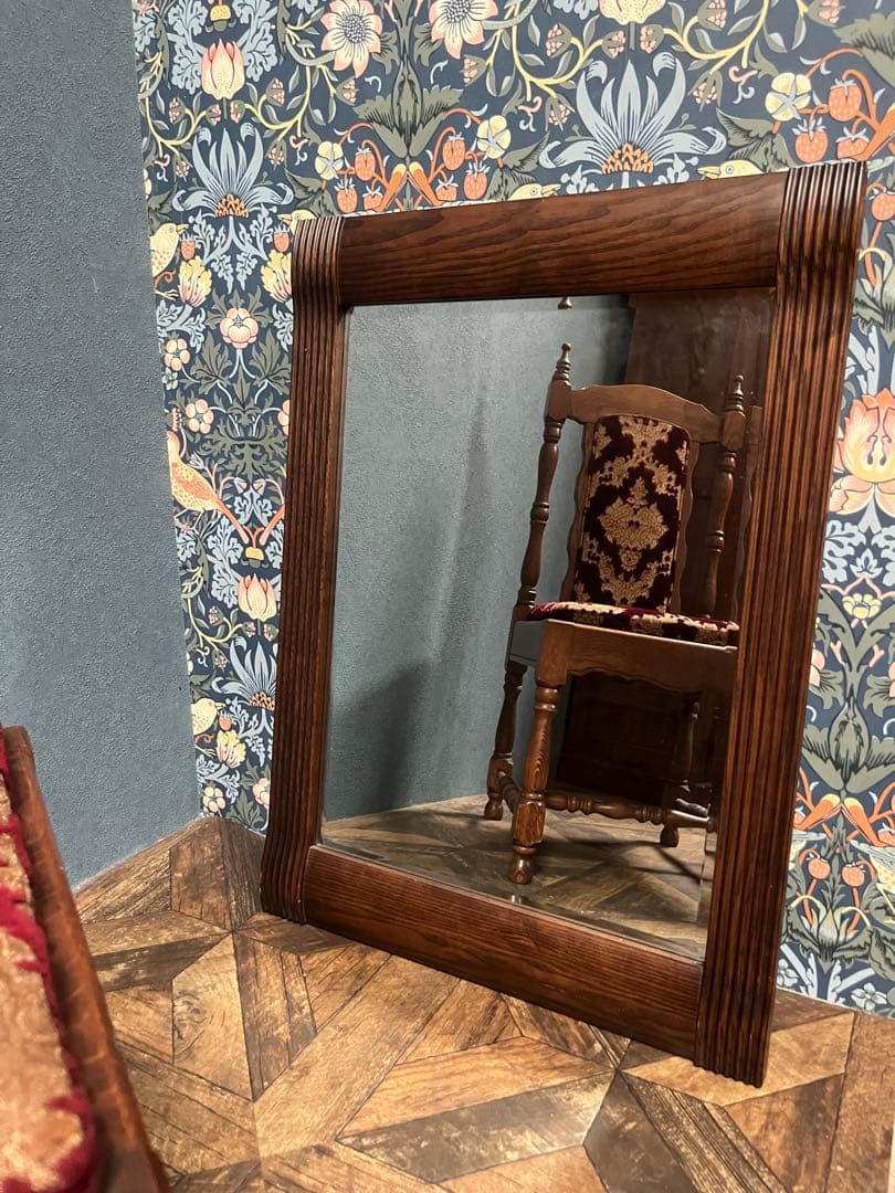 壁掛鏡 ウォールミラー インテリア アンティーク 昭和レトロ 木製 ビンテージ