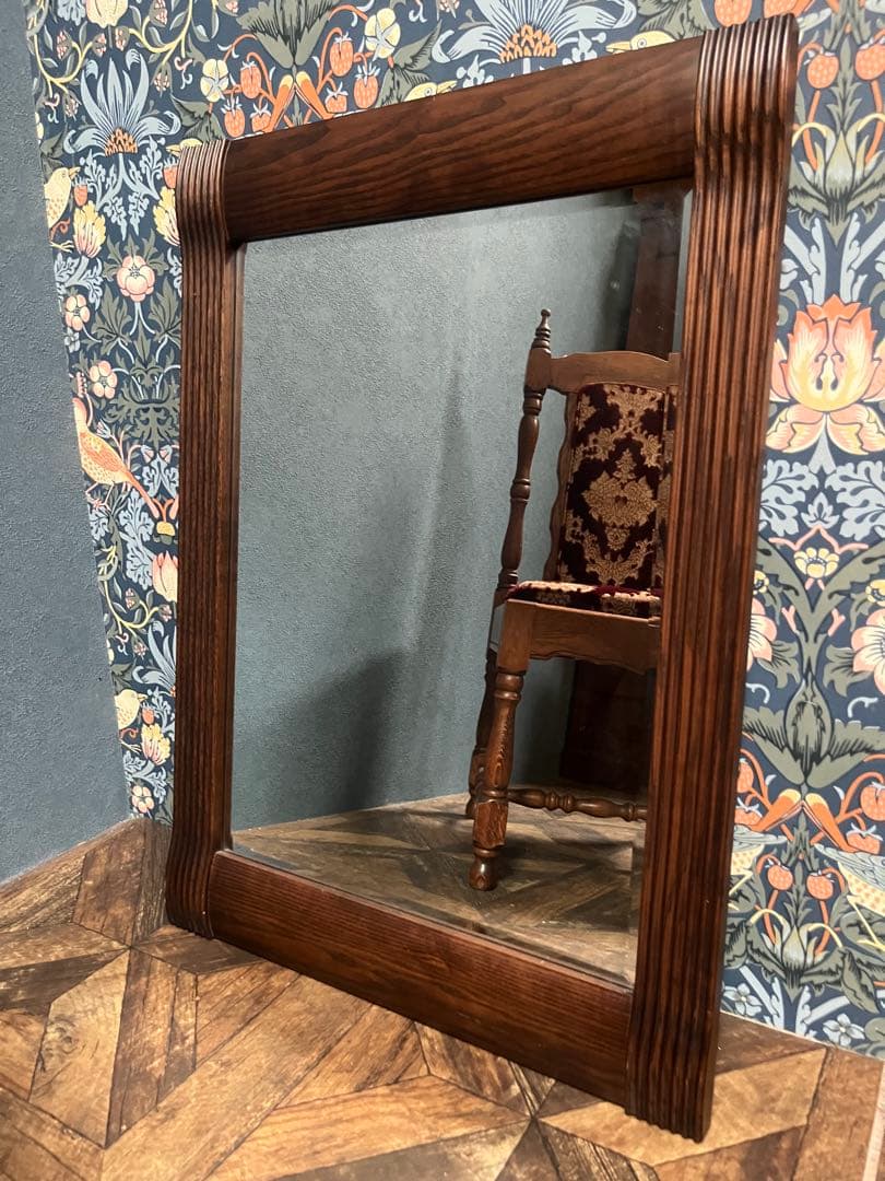 壁掛鏡 ウォールミラー インテリア アンティーク 昭和レトロ 木製 ビンテージ