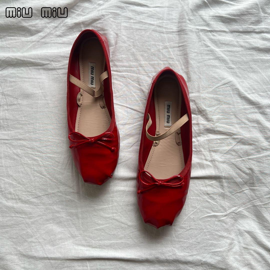 靴 miu miu mary jane patent flat shoes red