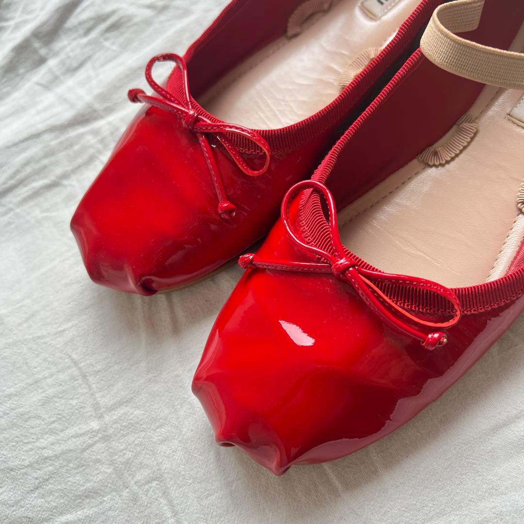 靴 miu miu mary jane patent flat shoes red