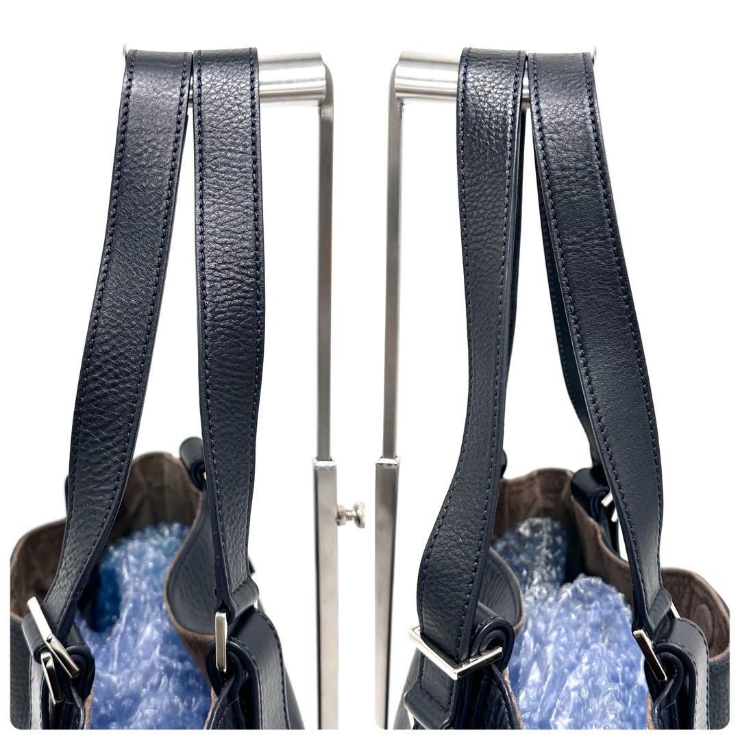 【美品】ヒロフ ソーロ トートバッグ2way Hロゴ 大容量 シボ革 ブラック