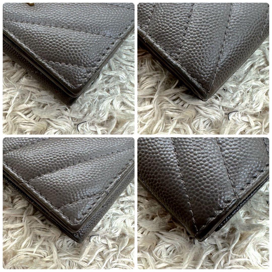 【美品】サンローラン 三つ折財布 グレー Vステッチ キャビアスキン YSL