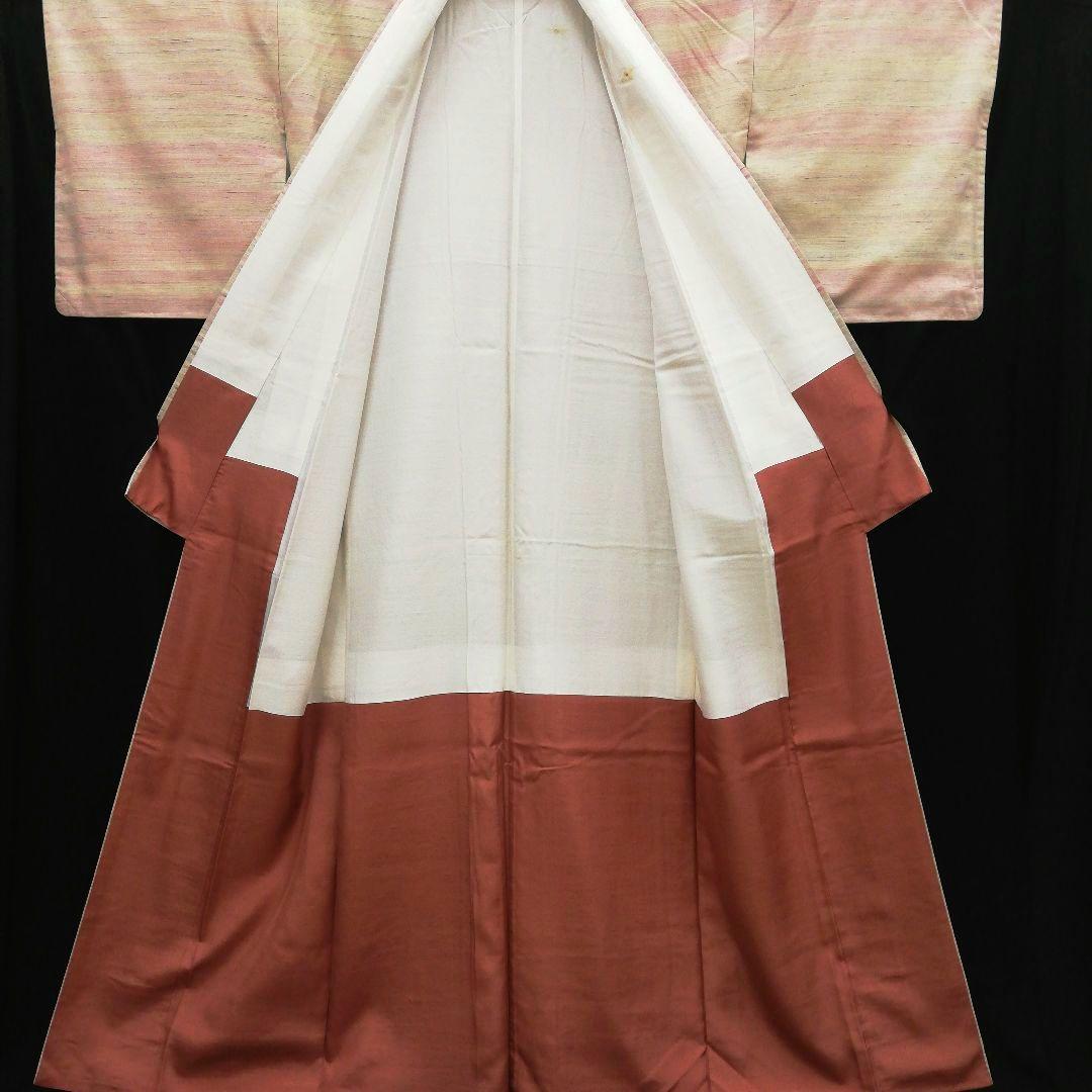 紅花紬(袷)　(横段織だし　未使用　薄紅色系×砥の粉色系×薄鼠色系