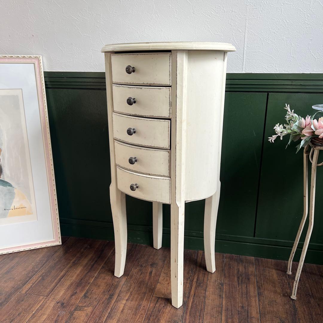 k330r119 シャビーシックなラウンド型コンソールチェスト ホワイト 5段