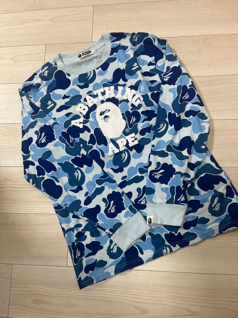 APE ABC CAMO COLLEGE LS TEE カモ　ロンT ブルー