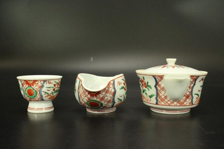 煎茶 赤絵 在銘 茶器揃い 未使用(A729)