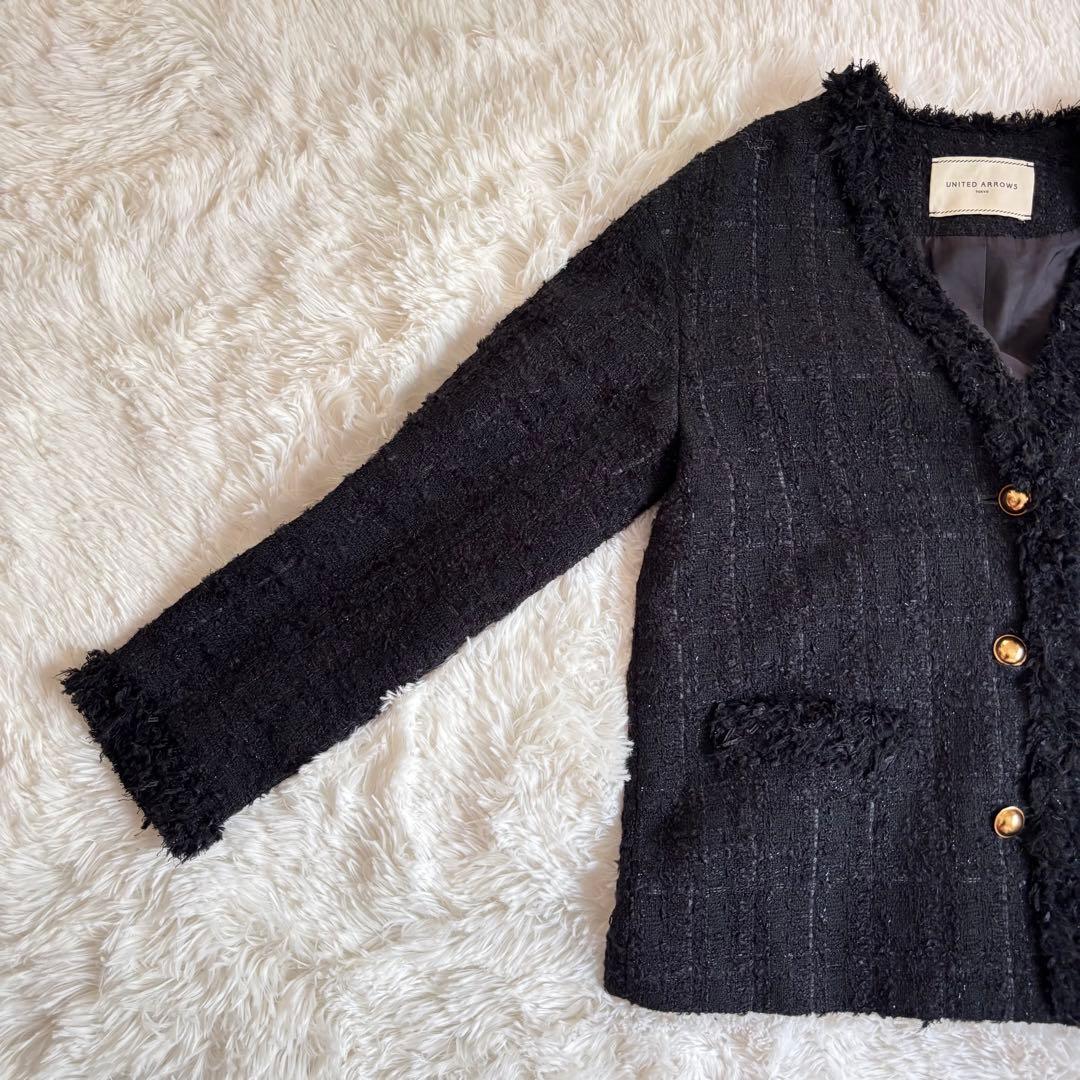 美品✨ユナイテッドアローズ／ツイード　Ｖネックノーカラージャケット 金ボタン　黒