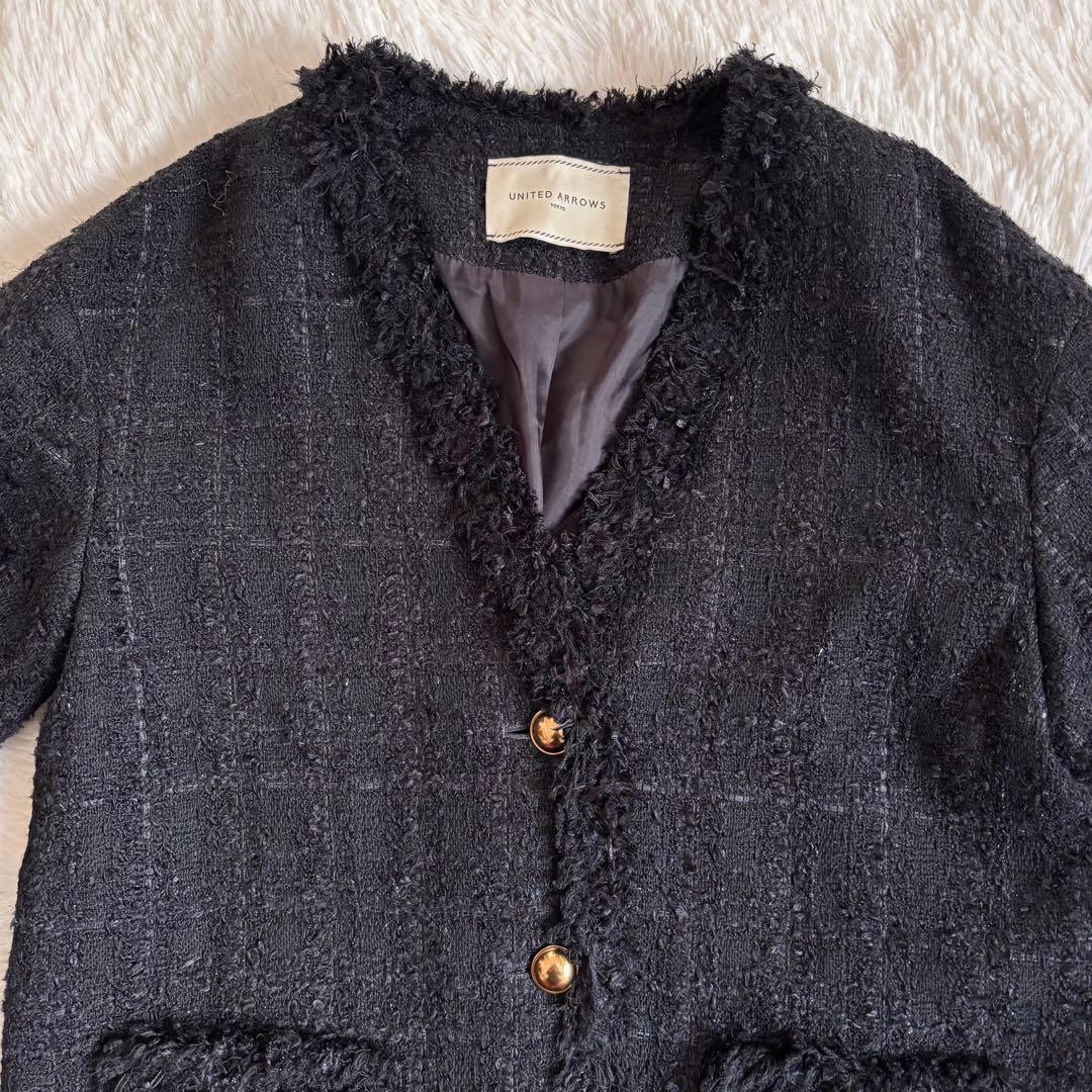 美品✨ユナイテッドアローズ／ツイード　Ｖネックノーカラージャケット 金ボタン　黒