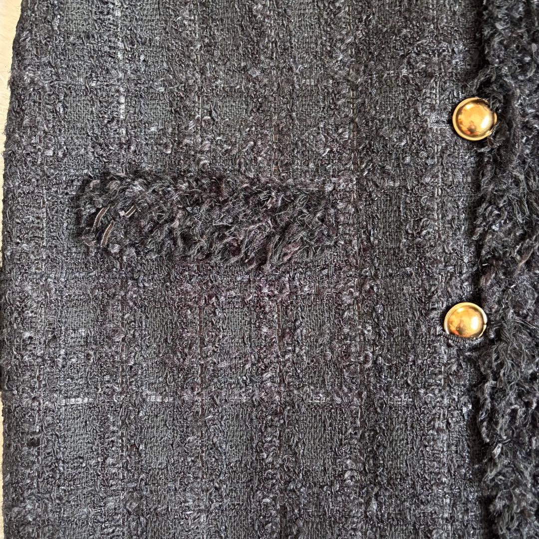 美品✨ユナイテッドアローズ／ツイード　Ｖネックノーカラージャケット 金ボタン　黒