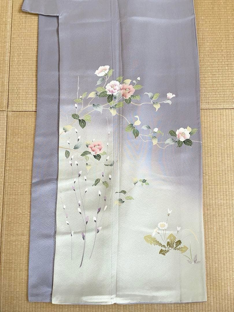 紫味のブルーグレー　友禅　花模様　訪問着（袷）フルセット　トールサイズ