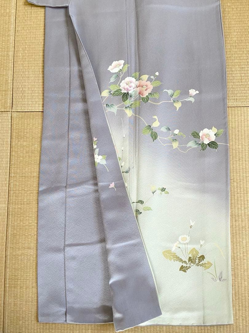 紫味のブルーグレー　友禅　花模様　訪問着（袷）フルセット　トールサイズ