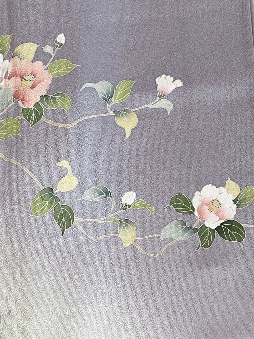 紫味のブルーグレー　友禅　花模様　訪問着（袷）フルセット　トールサイズ