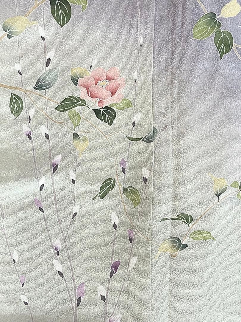 紫味のブルーグレー　友禅　花模様　訪問着（袷）フルセット　トールサイズ