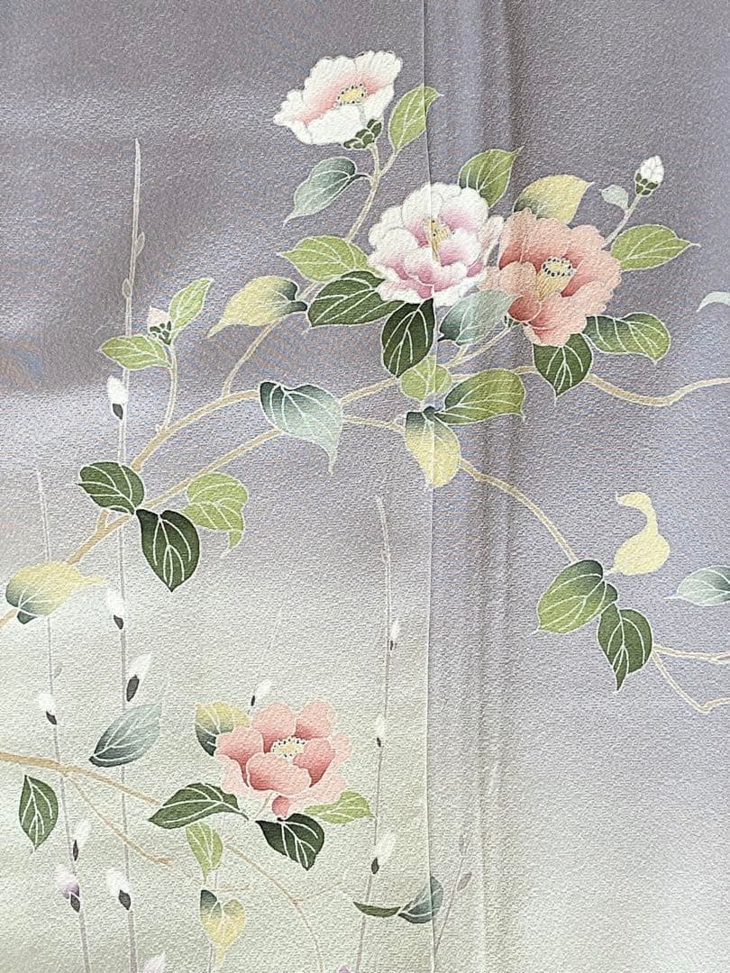 紫味のブルーグレー　友禅　花模様　訪問着（袷）フルセット　トールサイズ