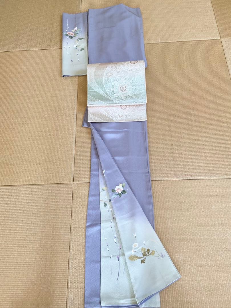 紫味のブルーグレー　友禅　花模様　訪問着（袷）フルセット　トールサイズ