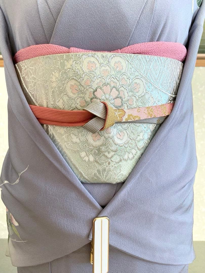 紫味のブルーグレー　友禅　花模様　訪問着（袷）フルセット　トールサイズ