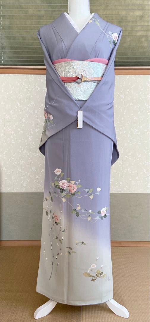 紫味のブルーグレー　友禅　花模様　訪問着（袷）フルセット　トールサイズ