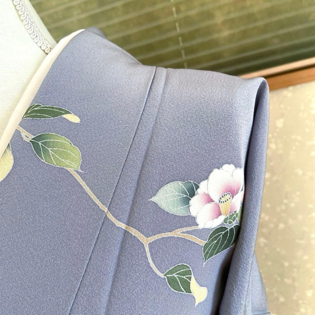 紫味のブルーグレー　友禅　花模様　訪問着（袷）フルセット　トールサイズ
