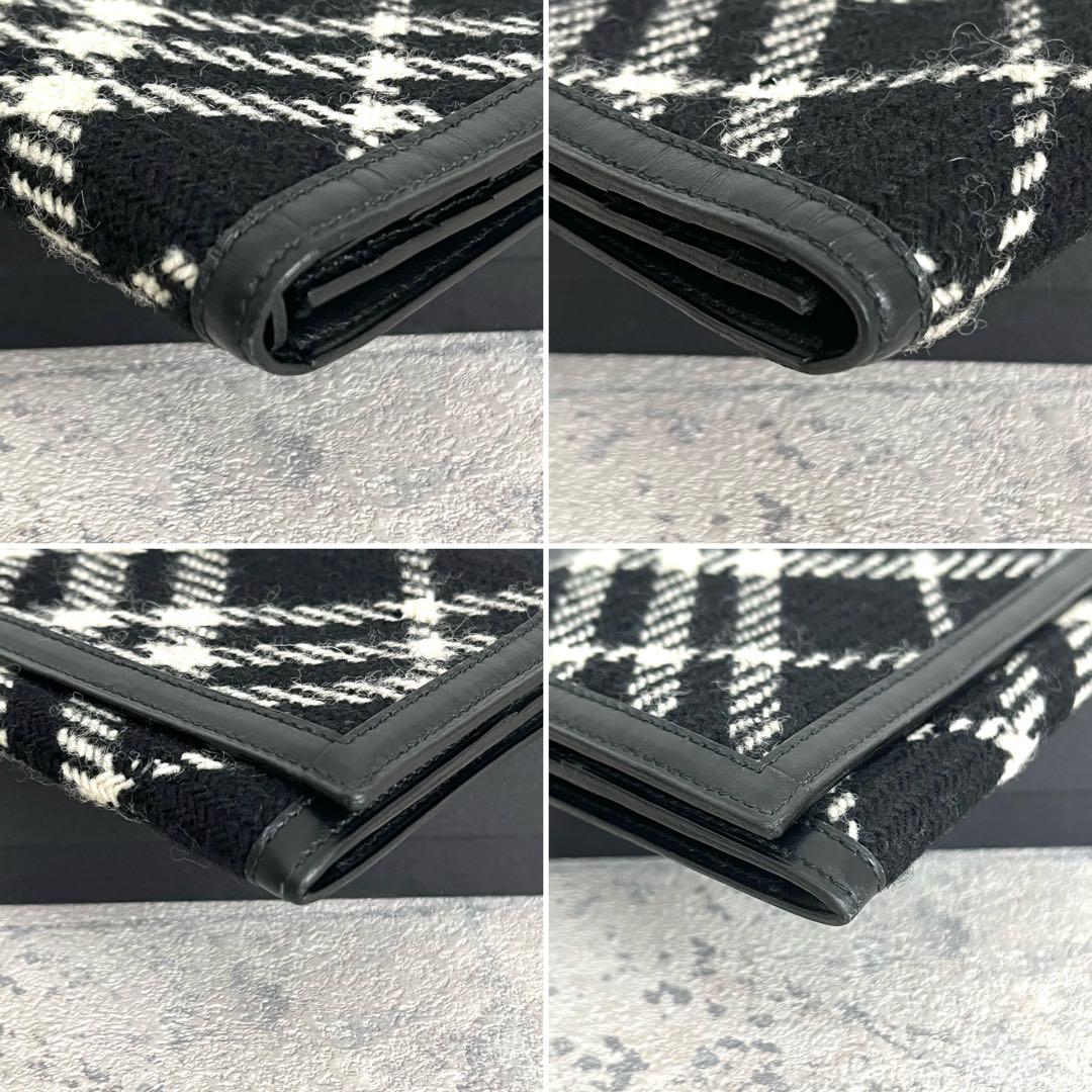 極美品✨️バーバリー チェック柄 長財布 ウール レザー モノトーン フラップ