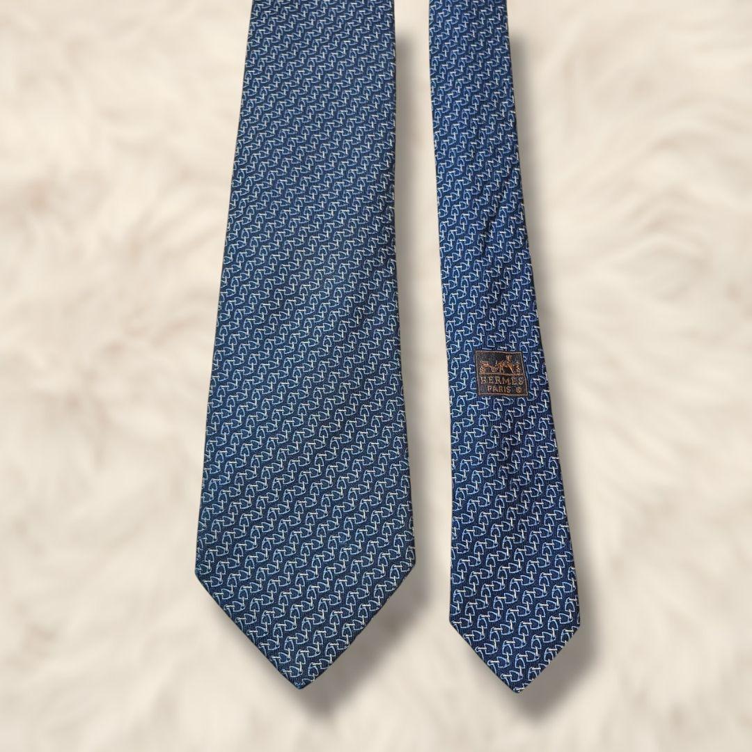 【極美品✨】現行 エルメス ソリッドタイ 馬具モチーフ 濃紺青白 ジャガード