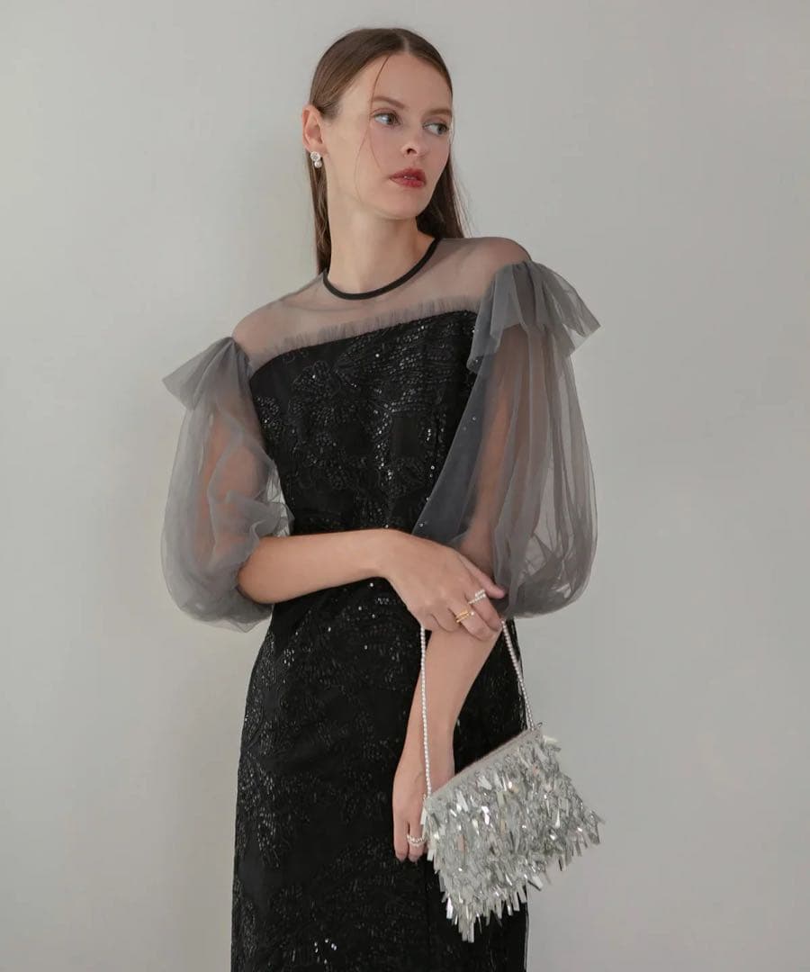 フラワースパンコールシアーフリルスリーブIラインワンピースドレス