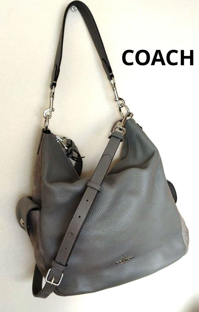 COACH レザーペニーショルダーバッグ 2Way　グレー　レザースウェード切替