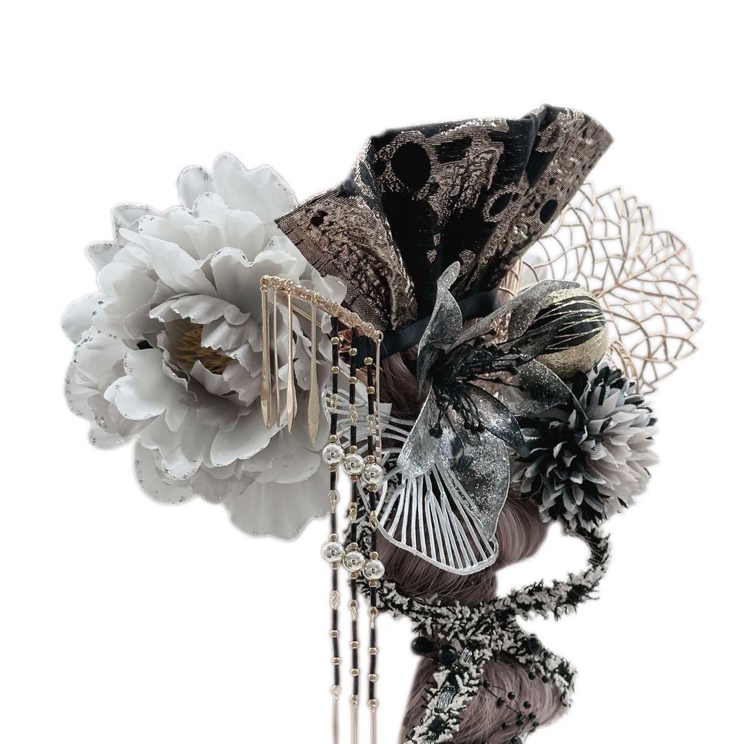 ディップアート　髪飾り　成人式卒業式 白　黒　ゴールド　グレー　牡丹【銀箔1枚】