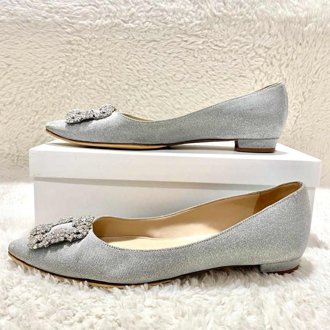 箱付 MANOLO BLAHNIK マノロブラニク ハンギシ グリッターフラット