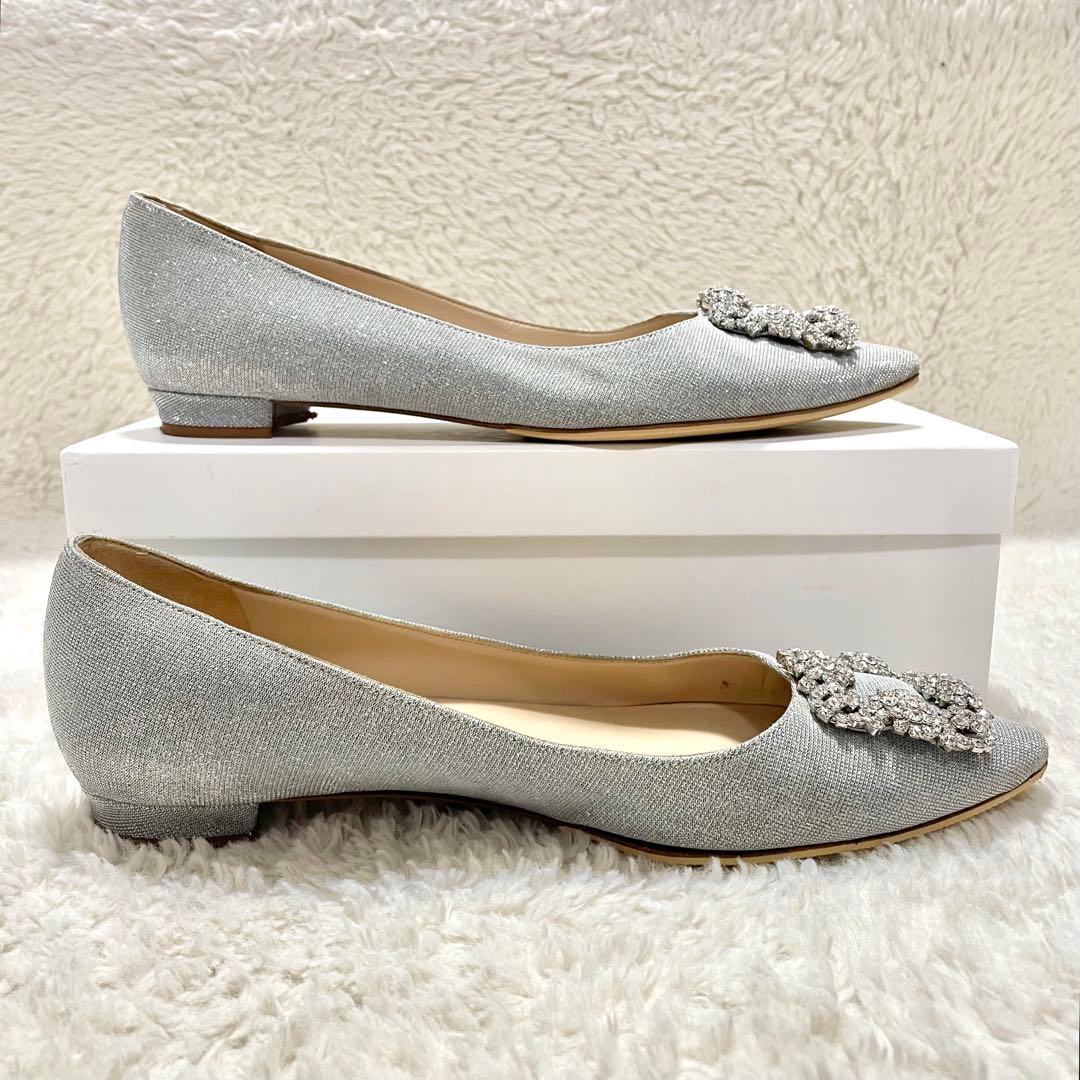 箱付 MANOLO BLAHNIK マノロブラニク ハンギシ グリッターフラット