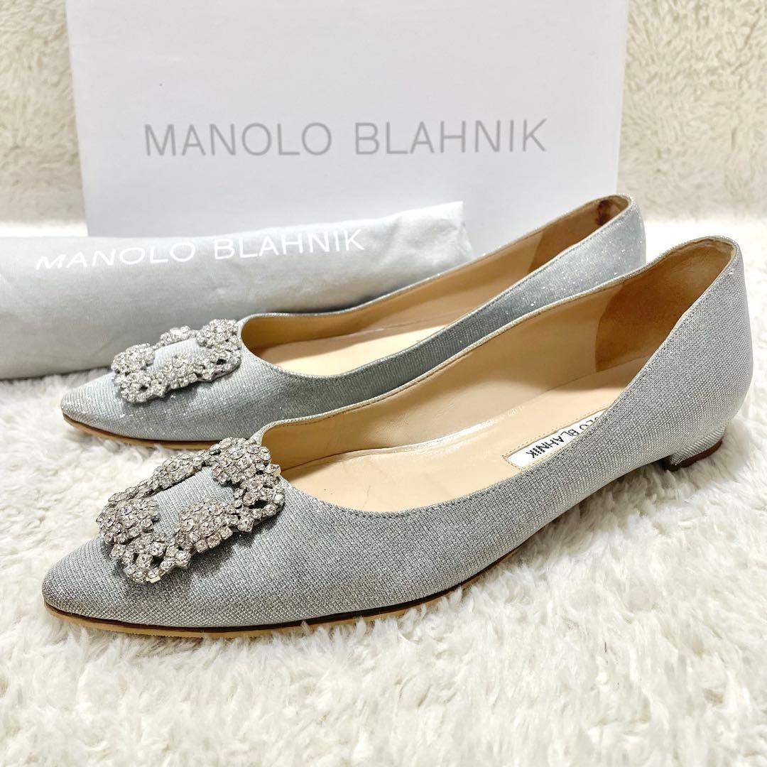 箱付 MANOLO BLAHNIK マノロブラニク ハンギシ グリッターフラット