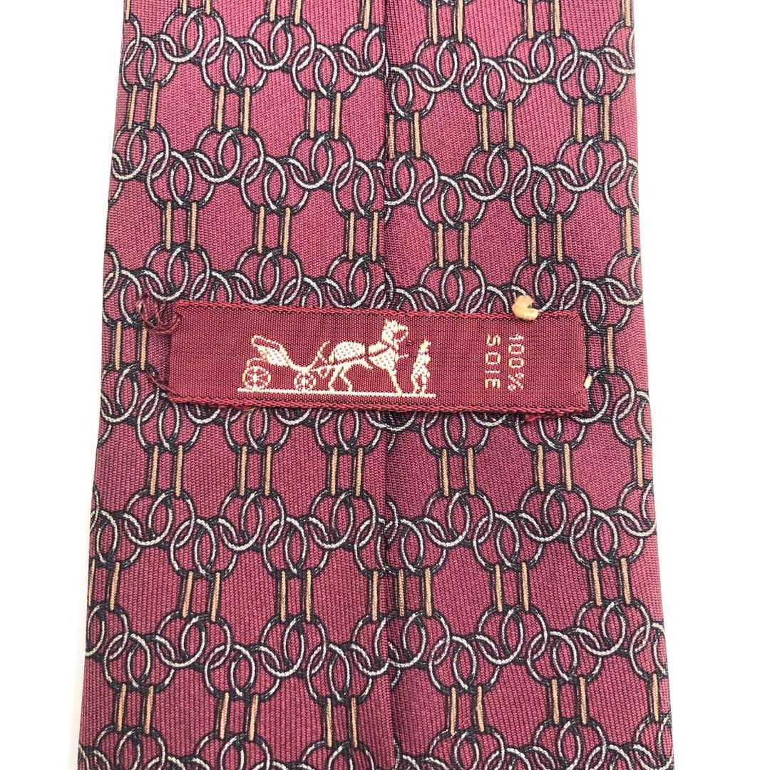 【美品】HERMES エルメスネクタイ 幾何学模様柄 リング パターン柄 レッド