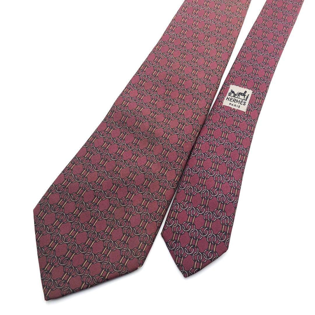 【美品】HERMES エルメスネクタイ 幾何学模様柄 リング パターン柄 レッド