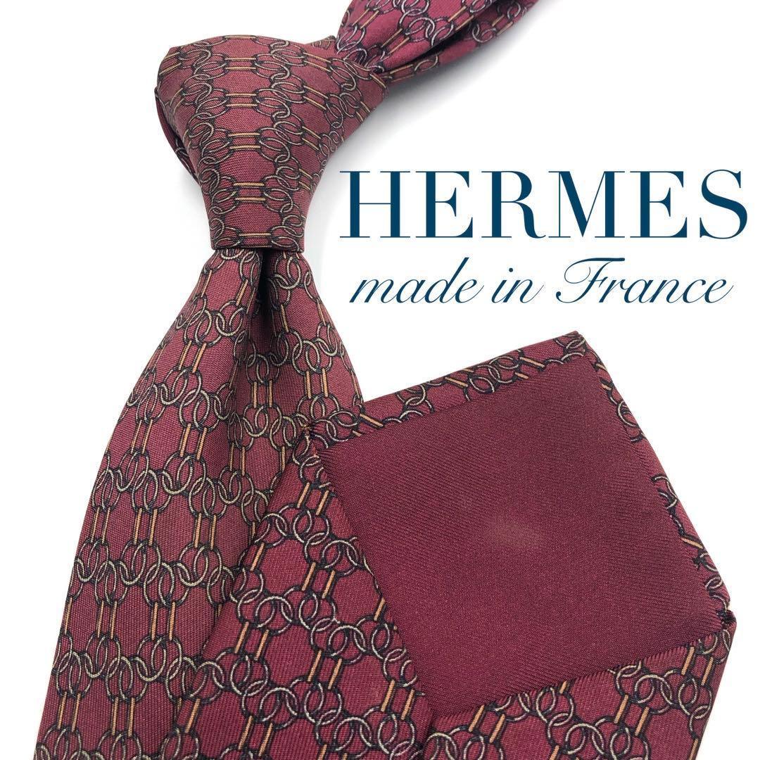【美品】HERMES エルメスネクタイ 幾何学模様柄 リング パターン柄 レッド