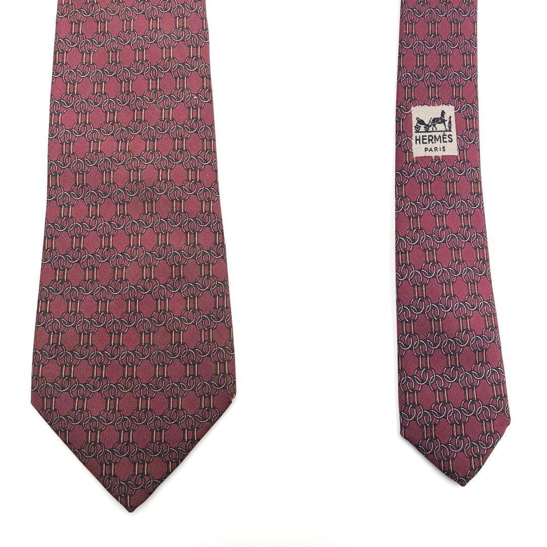 【美品】HERMES エルメスネクタイ 幾何学模様柄 リング パターン柄 レッド