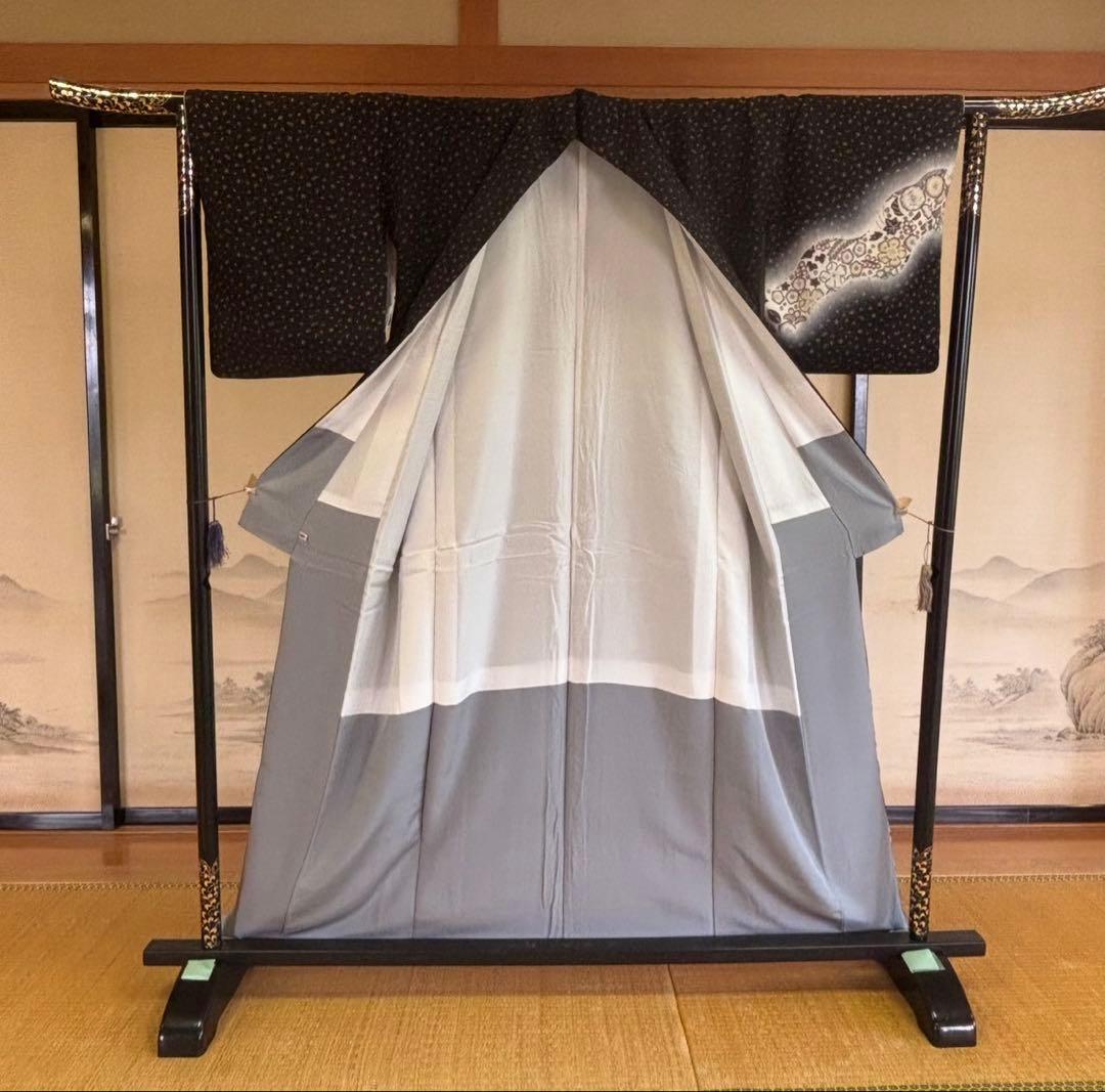 C- 408▲tall size 正絹　黒地　辻ヶ花付け下げ訪問着　丈168cm