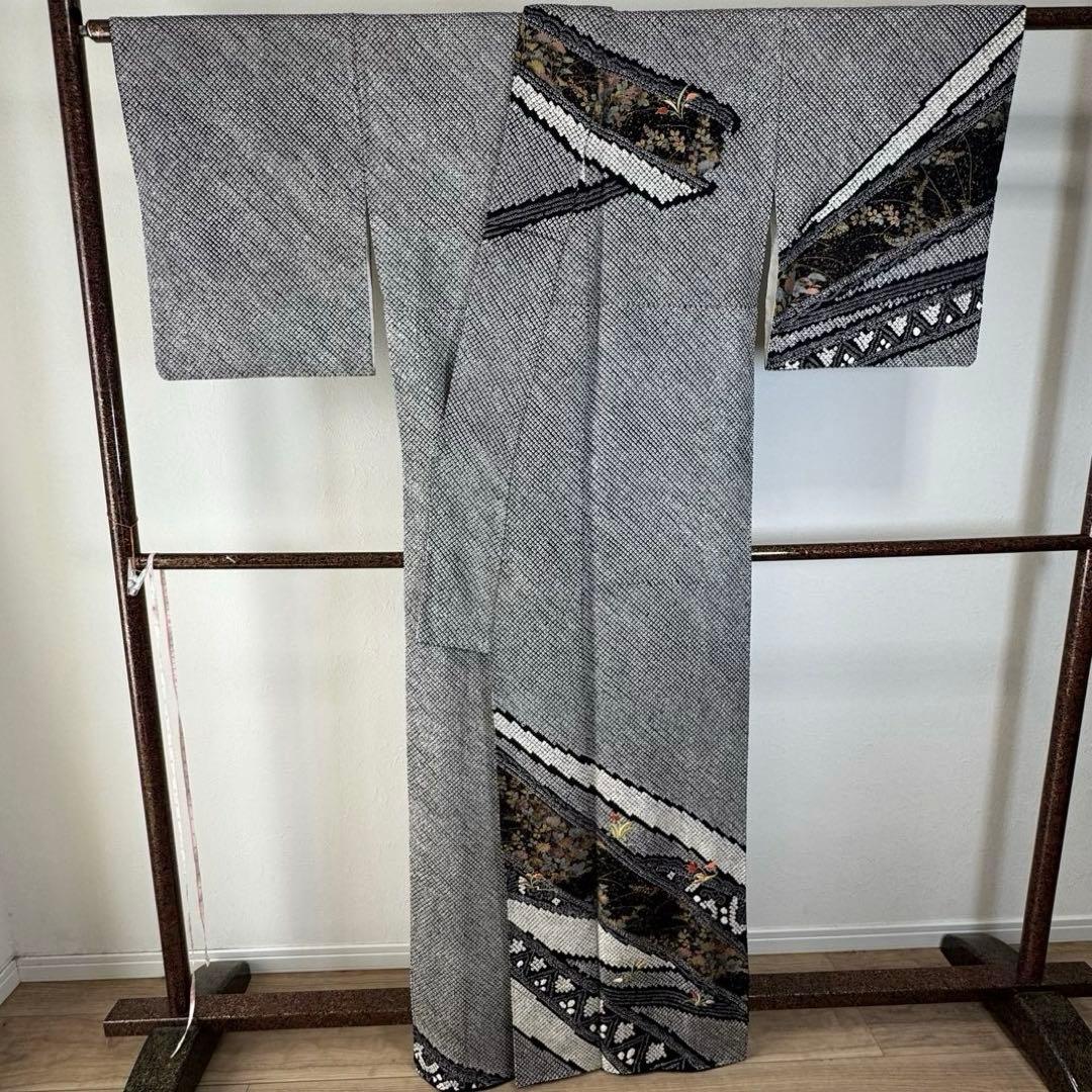 超美品　正絹　袷　訪問着　着物　168裄65 黒　総絞り　刺繍　トール　花柄